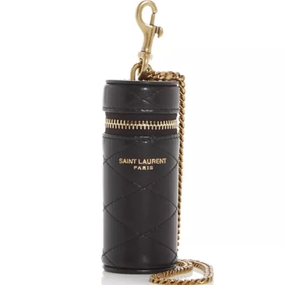 NWT Saint Laurent Black Quilted Leather Keychain Holder/ necklace  lipstick bag